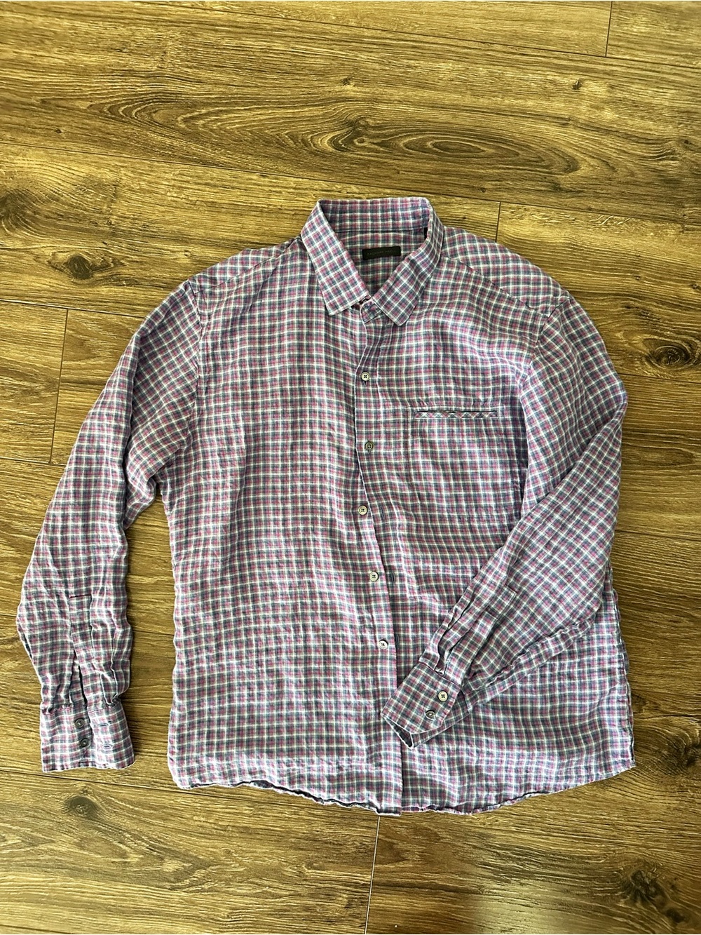 Zachary Prell Men's Linen Pink, Purple and Blue Plaid Button-Down Shirt